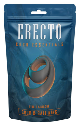 Blå förpackning märkt Erecto Cock & Ball Ring, med en bild av en silikonring - en idealisk sexleksak för att förbättra din erektion.