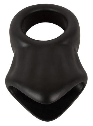 Erecto Cock Ring Ball Stretcher är en svart flytande silikonring med en utsvängd bas, utformad för ett jämnt, rundat utseende.