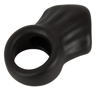 Erecto Cock Ring Ball Stretcher är en svart flytande silikonring med en texturerad, paddelformad förlängning på ena sidan.