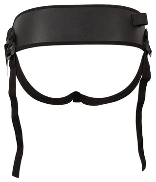 Ett svart strumpebandsbälte sett bakifrån, tillverkat av slätt material med justerbara klämmor och elastiska remmar, kombineras elegant med "Strap-on Set med 3 Silikondildos" för ökad mångsidighet.