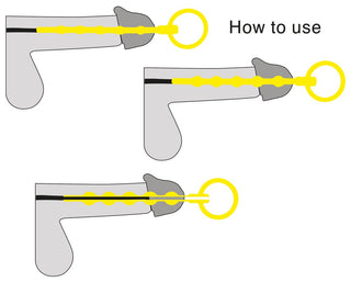 En illustration visar en process för borttagning av kateter i tre steg med Urethral Dilator Set 3-pack, med en grå kateter med en gul bana och ringögla i olika positioner. Texten "Hur man använder" visas överst.