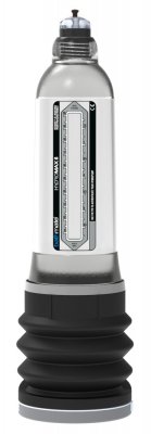Bathmate Hydromax8 Penispump är en grå och svart cylindrisk enhet med ett texturerat grepp i botten, designad med Hydro-vakuumteknik för effektiv användning.