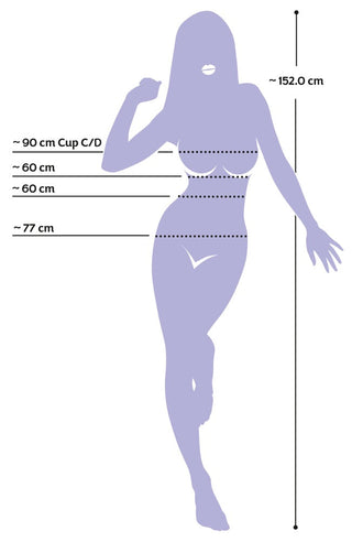 Layla Uppblåsbar Sexdocka har en siluett som liknar en person med mått på cirka 152 cm i höjd, byst på 90 cm (Cup C/D), midja på 60 cm och höfter på 77 cm, vilket ger ett anmärkningsvärt realistiskt utseende som fångar varje detalj.