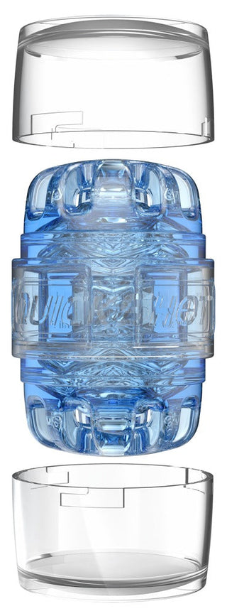 En genomskinlig blå deodorantsticka med genomskinliga lock i båda ändar visas mot en vit bakgrund, vilket återspeglar den eleganta designen hos Fleshlight Quickshot Turbo.