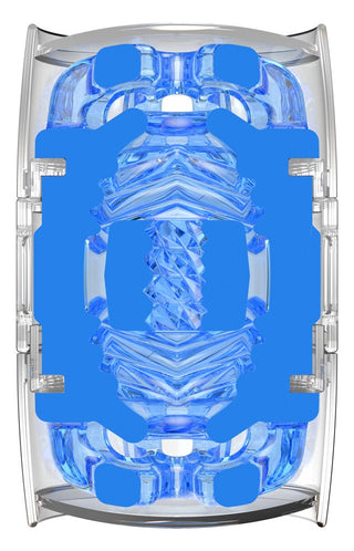 Abstrakt bild med symmetriskt arrangerade blå, silver och transparenta geometriska former som påminner om Fleshlight Quickshot Turbo-designen.