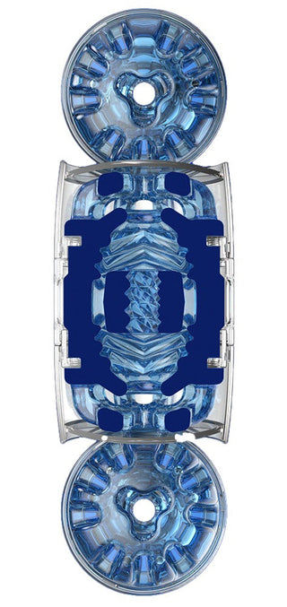 Denna abstrakta design visar upp symmetriska blå och silverformer, som påminner om Fleshlight Quickshot Turbo-ringar, som framkallar en mekanisk eller futuristisk atmosfär.