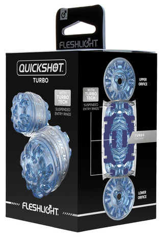 En svart produktlåda visar upp Fleshlight Quickshot Turbo, med blå Turbo Tech-ringar, detaljerade bilder och revolutionerande SuperSkin-material för en oöverträffad upplevelse.