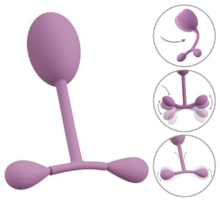 Vaginal tränare som studsar: Lila silikonapparat för effektiv bäckenbottenträning, med diagram över dess flexibla, justerbara rörelse för att stärka knipmusklerna.