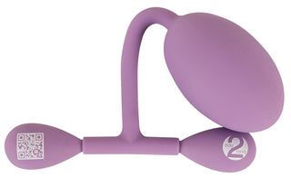 Vaginal Trainer Bouncing är en lila silikonapparat för bäckenbottenträning, med en bulb och två mindre ändar - en med en QR-kod. Perfekt för att stärka dina knipmuskler.