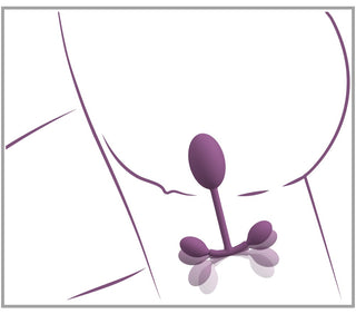 Minimalistisk teckning av en lila Vaginal Trainer Bouncing som sätts in mellan benen på en person som ligger på rygg och markerar bäckenbottenträning och stärker knipmuskler.