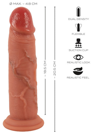 Realistixxx Real Skin Dildo är en ultrarealistisk dildo i flesh-tone med tydliga mått, dual density-silikon och sugkopp för autentisk känsla och praktiska funktioner.