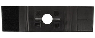 Svart sexpall med remmar, hål i mitten, kardborrefästningar och ergonomiska handtag; fotograferad mot vit bakgrund.