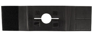Svart sexpall med remmar, hål i mitten, kardborrefästningar och ergonomiska handtag; fotograferad mot vit bakgrund.