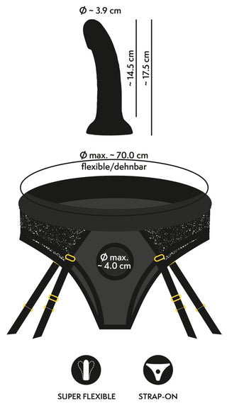 Illustration av Strap-on Trosor med Dildo med storleksmått, som visar dess silkeslena silikon dildo, flexibilitet och justerbara remmar för G-punkts- eller prostatastimulering.