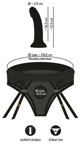 Illustration av Strap-on Trosor med Dildo med storleksmått, som visar dess silkeslena silikon dildo, flexibilitet och justerbara remmar för G-punkts- eller prostatastimulering.