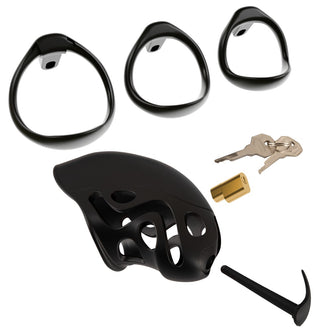 Cock Cage med Dilator set innehåller tre ringar, en metallås, två nycklar och ett svart tillbehör, allt på en vit bakgrund.