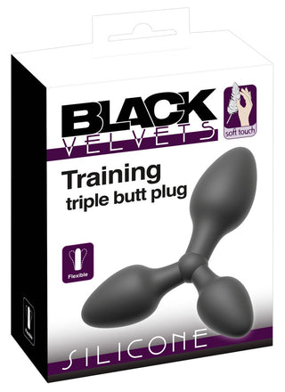 Boxförpackning för Black Velvets Träningsplugg 3-i-1 silikon analplugg, med en mjuk känsla och flexibel design – perfekt för analträning.