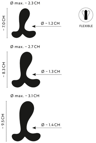 ANOS Buttplug Training Set innehåller tre flexibla, svarta silikonpluggar i ankarform, idealiska för anal träning. Finns i storlekarna small, medium och large med måttangivelser.