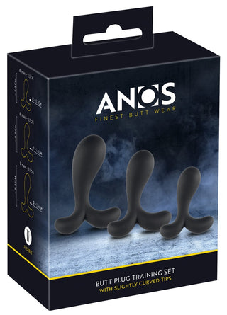 ANOS Buttplug Training Set innehåller tre svarta silikonpluggar i olika storlekar med böjda spetsar, idealiska för anal träning och prostatastimulering.