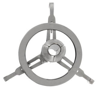 Anal Spreader Deluxe Stål visas uppifrån mot en vit bakgrund och har tre metallarmar och ett cirkulärt centrum.