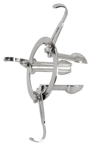 Anal Spreader Deluxe Stål har fyra fällbara metallpinnar som sträcker sig utåt i olika riktningar och visar upp sin distinkta design.