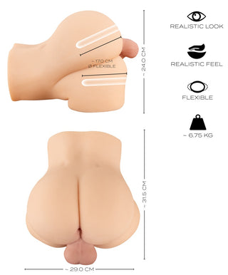 Realistixxx Deluxe Double Torso är en realistisk, dubbelsidig masturbator formad som en dubbel torso med flexibla egenskaper och tydliga former, tillverkad av kroppsnära material för äkta känsla.