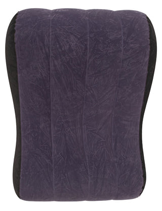 Uppblåsbar kudde i mörklila med svarta sidopaneler och sammetslen yta.