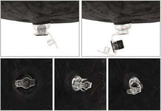 Genomskinlig luftventil på en uppblåsbar kudde i sammet, visad i både öppet och stängt läge.