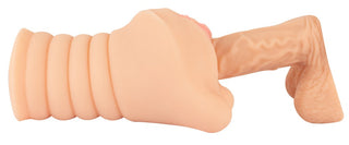 Nature Skin-masturbatorhylsa för vaginan, hudfärgad, mjukt material, cylindrisk design mot en enfärgad vit bakgrund.