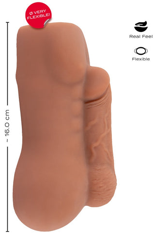 16 cm flexibel dildo tillverkad av Real Skin TPE, avbildad med markerade detaljer; realistisk design och naturlig hudfärg.