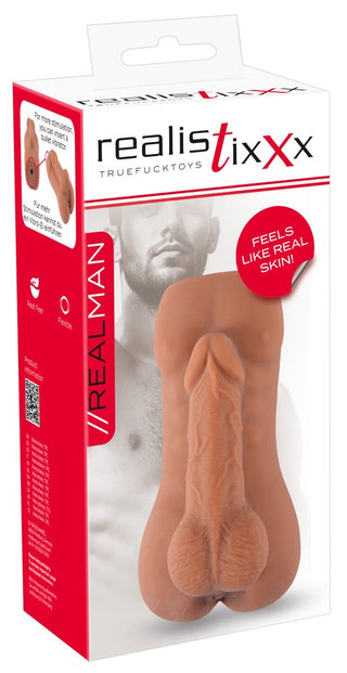 Realistixxx RealMan analmasturbator, hudfärgad, tillverkad av Real Skin TPE med realistisk öppning och strukturerad inre kanal.