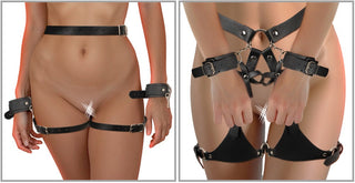 Svart läderharness med metallnitar och fastsatta handbojor, med justerbara remmar och spännen.
