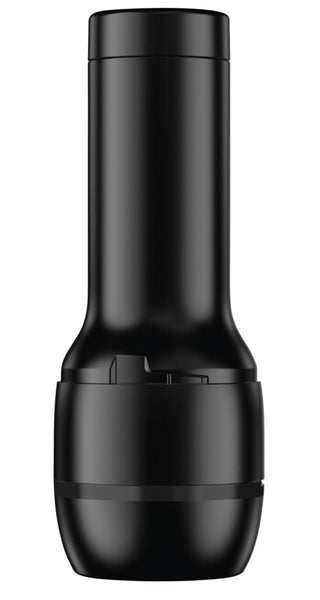 En svart Feel Reya Sunshine Masturbator står upprätt på en vit bakgrund och visar upp en elegant design som liknar den hos premiumprodukter från Kiiroo.