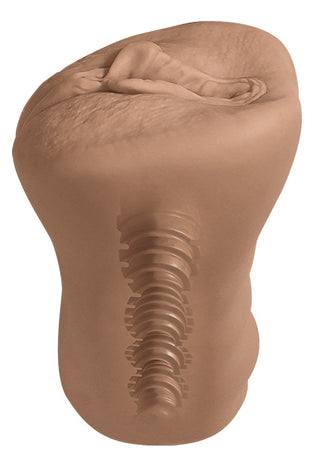 Emma M Realistic Lösvagina är en brun TPE-hylsa med vulvaöppning och texturerad inre tunnel, designad för en naturtro och realistisk upplevelse.