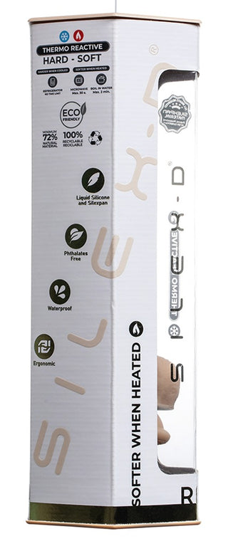 Vit rektangulär förpackning för SilexD 7" Real Skin Dildo, märkt "SILEXD"; har eko- och ergonomiska ikoner som betonar dess realistiska utseende.