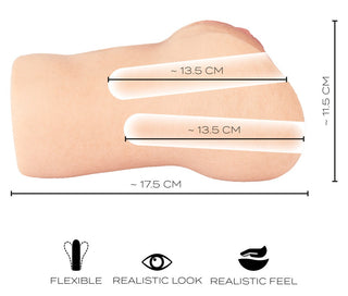 Kroppsfärgad onaniprodukt i silikon, 17,5 × 13,5 × 11,5 cm, med realistiska vaginala och anala öppningar samt en flexibel konstruktion.