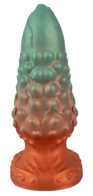 Beasty Cocks Atlantis Buttplug är en texturerad, tvåfärgad flytande silikonleksak med en ojämn grön spets och orange bas, perfekt för användning som analplugg eller sugkopp.