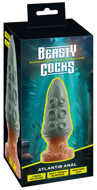 Låda med Beasty Cocks Atlantis Buttplug med förpackning med undervattenstema, tillverkad av flytande premiumsilikon för en mjuk känsla. Har en sugkoppsbas för säker lek.