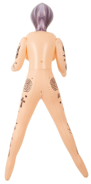 You2Toys Tattooed Sex Doll med lila hår, kropp med tatueringsmönster, realistisk design i hudfärgad silikon.