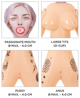 You2Toys Tattooed Sex Doll tillverkad av silikon, ljus hudton, med illustrerat ansikte och markerade öppningar som visar storleksmått.