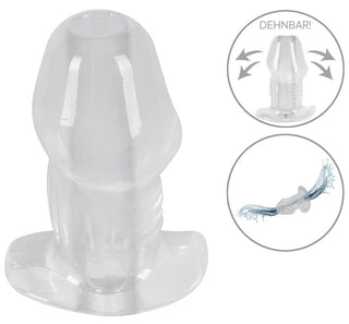 Transparent analplugg i silikon med tunneldesign och utsvängd bas, visas i genomskinligt material som framhäver flexibiliteten.