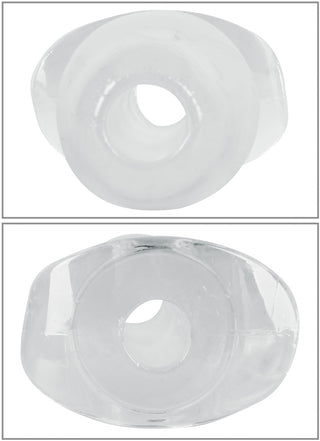 Analpluggar i genomskinlig silikon med centrala tunnlar, som visas från olika vinklar. Genomskinligt material med ringformad design.