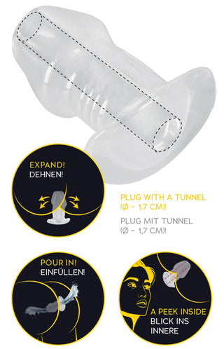 Analplugg i transparent silikon med ihålig tunneldesign; töjbar och fyllbar, visas i produktdiagram.
