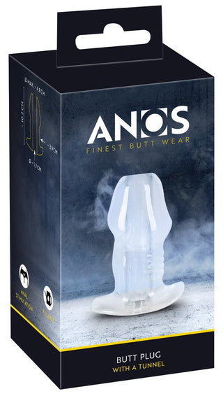Analplugg i svart silikon med tunneldesign som visas på produktförpackningen; förpackningen visar produktinformation och bild.