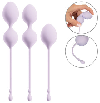 Knipkulor Set 3 Delar ELORIN, kegelbollar i silikon med återvinningssnören, visas i tre färger; innehåller två närbilder av textur.