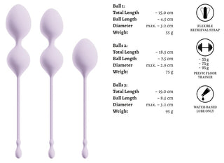 Set med tre ELORIN Knipkulor bäckenbottenkulor med upptagningsband, tillverkade av slät silikon i olika färger.