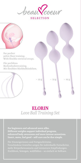 Set med tre ELORIN kegelbollar i olika storlekar med flexibla silikonsnören, avbildade i dämpade pastellfärger på en enfärgad bakgrund.