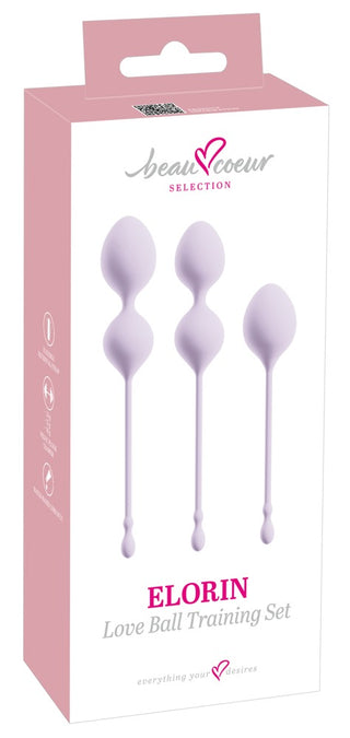 Set med tre ljuslila bäckenbottenträningsbollar i silikon, förpackade i en låda märkt Knipkulor Set 3 Delar ELORIN.