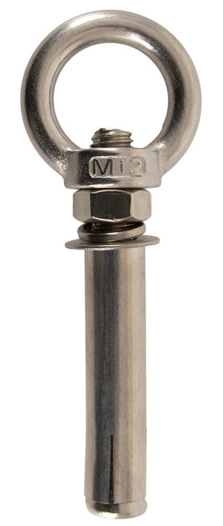 M12-förankringsskruv med ögla i metall, silverfärgat stål, i upprätt läge mot en vit bakgrund.
