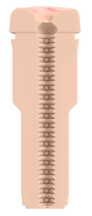 Beige, cylindrisk konstgjord vagina med strukturerad insida och rundad övre del, tillverkad av mjukt imiterat material.